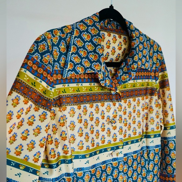Vintage Floral and Stripe Beige and Teal Shirtdress - Picture 4 of 7